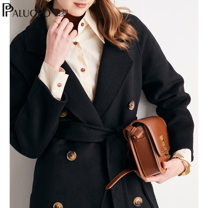 帕罗(PALUOPO)秋冬新款女装毛呢大衣时尚优雅翻领系腰带显瘦百女式羊毛外套 45%羊毛102 M 160/84A