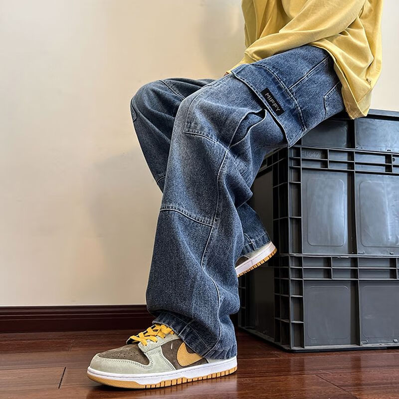 lanweifeilei美式复古深蓝色工装牛仔裤男直筒宽松抽绳松紧腰oversize