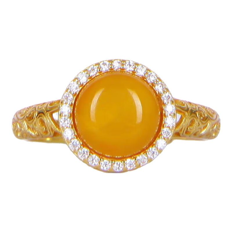 嘉樂(lè )蜜蠟戒指女S925銀鍍金鑲老蜜蠟指環(huán)鏤空設計雞油黃女戒禮物 界面約10mm可調節/A0280