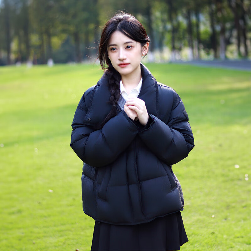 坦博尔【爆款推荐】美拉德羽绒服女短款立领显瘦小个子面包服TBF530328T 黑色 M (165)