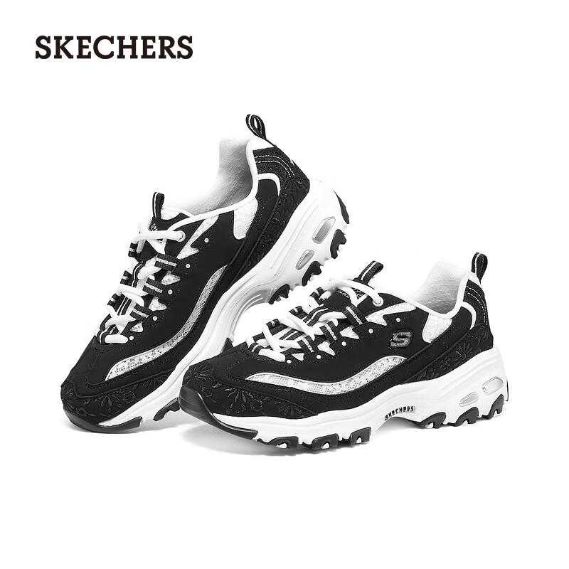 斯凯奇（Skechers）甜心熊刺绣蕾丝熊猫鞋女鞋冬季透气老爹鞋运动鞋896085 琉璃黑/BKW 37.5