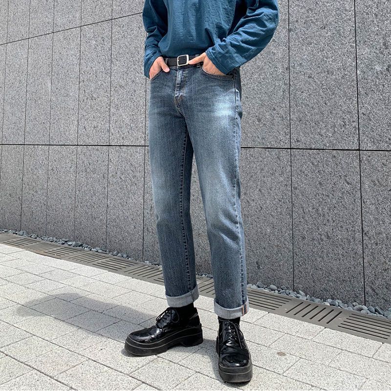 紫策加1厚牛仔裤马丁靴搭配的男士裤子ntzoz韩版九分直筒宽松秋季新款