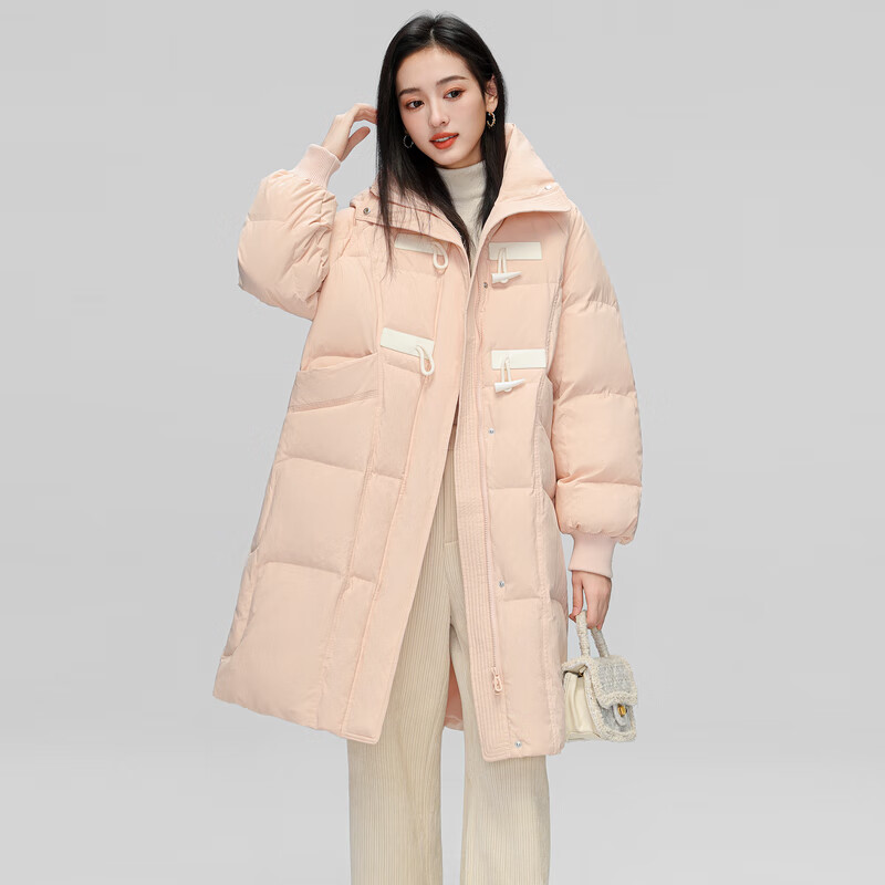 雪中飞秋冬可拆卸针织连帽显瘦保暖【反季清仓】女士长款鸭绒羽绒服女 粉色 S 160/84A