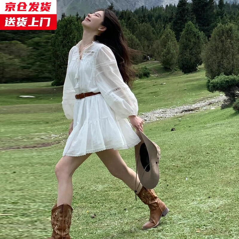 槿城法式白色长袖连衣裙子女早春2025新款小个子西北新疆旅游度假短裙 白色（不含腰带） S547W M 【45/55kg】