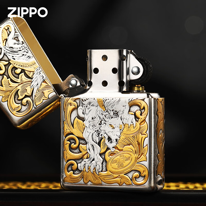 ZIPPO打火机官方正品煤油防风纯银鎏金招财唐草貔貅送男士朋友新年礼物 重甲纯银鎏金唐草貔貅【套餐款】