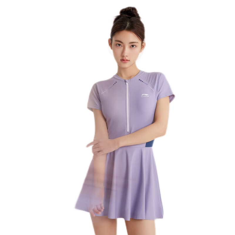 李寧（LI-NING）泳衣女連體裙式專(zhuān)業(yè)游泳衣遮肚顯瘦抗氯速干大碼保守溫泉女士泳裝 紫白 2XL 【身高170-175體重60-65】