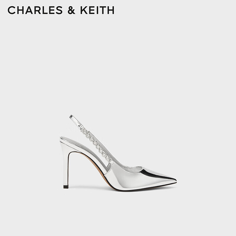 CHARLES&KEITH时尚链条尖头高跟鞋凉鞋女士鞋生日礼物CK1-60280377 Silver银色 36