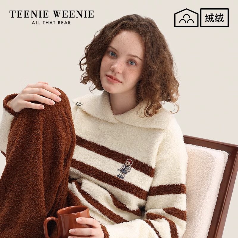 Teenie Weenie小熊半边绒睡衣女款秋冬季加绒加厚保暖家居服套装 学院咖 均码