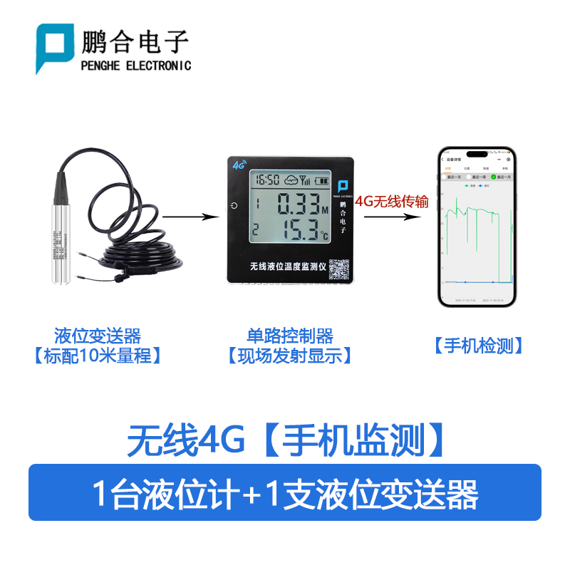 鹏合电子无线液位计4G远程温度水位高精度水池水箱投入式液位显示器报警 高精度液位计+温度+10米水位量程
