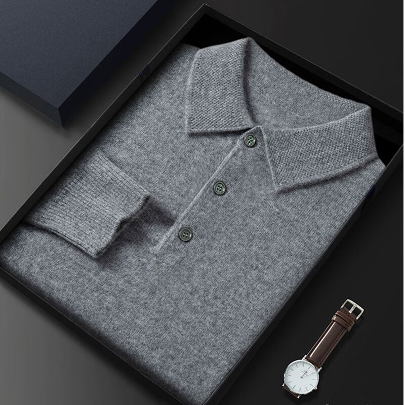 男士羊绒衫翻领加厚毛衣高端中老年纯色打底羊毛衫加肥加大码 中灰