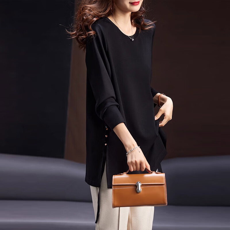 莎妮朵罗大码打底衫T恤女2025早春新款圆领上衣时尚休闲女装胖mm上衣20127 黑色 3XL建议150-170斤穿着