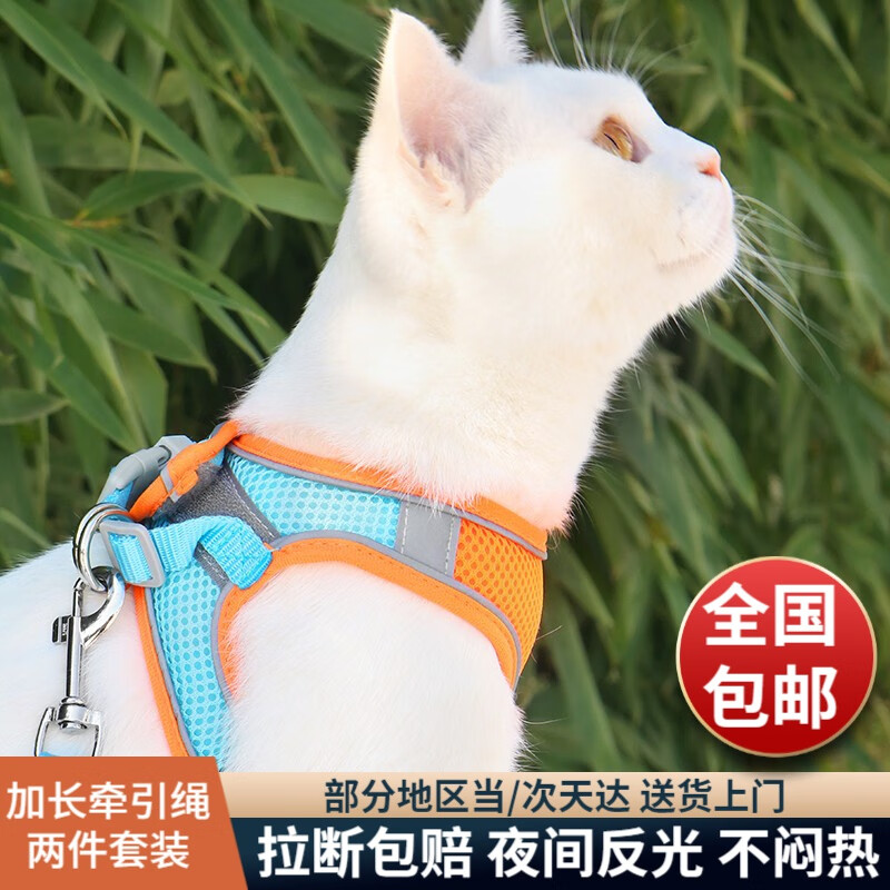 酷奇宠【可调松紧】猫绳猫链猫咪牵引绳防挣脱遛猫绳背心式溜猫绳子猫链 蓝橙双拼 XS码 建议6-9斤内