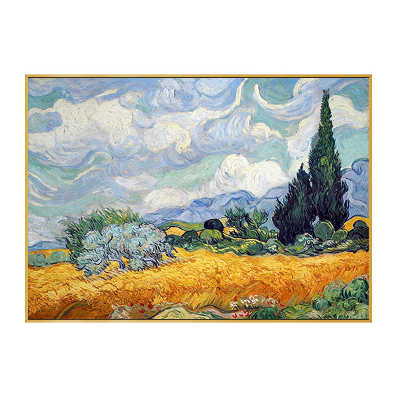 彩象纯手绘油画梵高名画柏树与麦田玄关装饰画现代客厅背景墙饭厅挂画