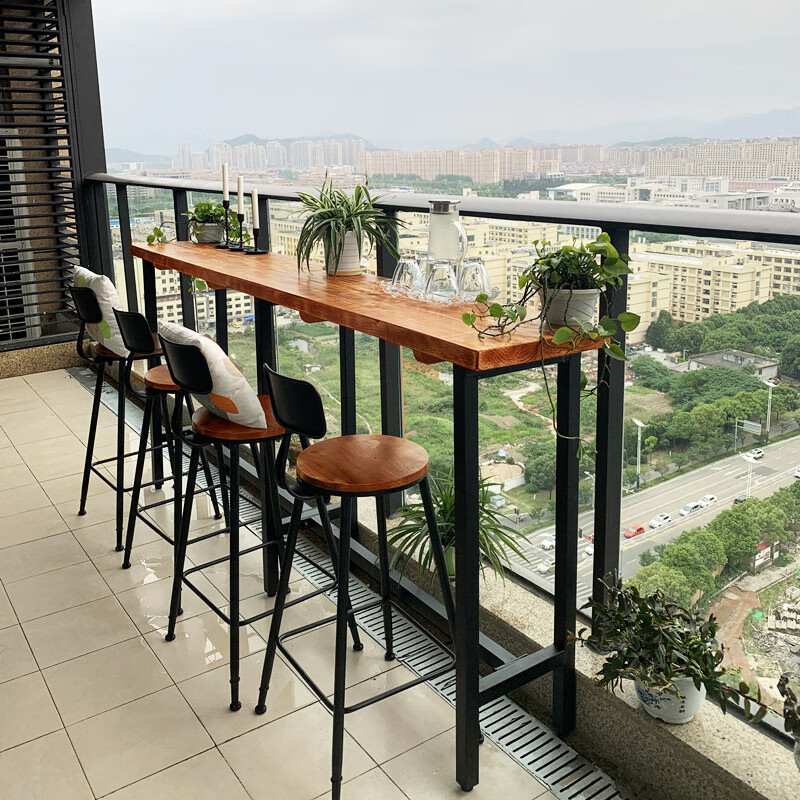 优只防腐实木阳台露台休闲吧台高脚长桌椅家用奶茶店靠窗户外桌椅定做