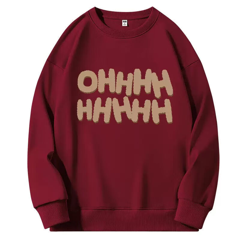 款卫衣女春秋冬季加绒圆领无帽上衣中长款外套 春秋薄款ohhhhhh酒红色