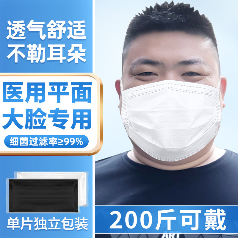博致大号医用口罩大脸专用薄款加大码特大超大男胖子不勒耳一次性医疗