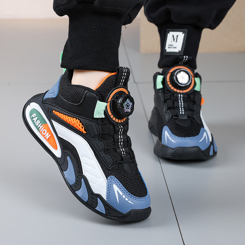 贝天熊男童鞋子春秋网面新款女童旋转纽扣透气革面儿童运动鞋儿童跑步鞋 BK111黑桔【网面透气】 36 内长22.6/脚21.6