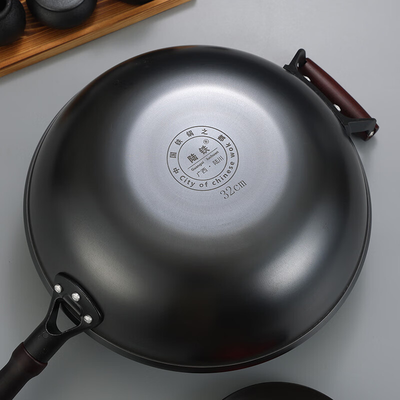 陆铁陆川铁锅手柄款加深平底炒锅无涂层不粘炒菜生铁铸铁锅电磁炉燃气 平底有耳款 34cm （带盖铲）已开锅