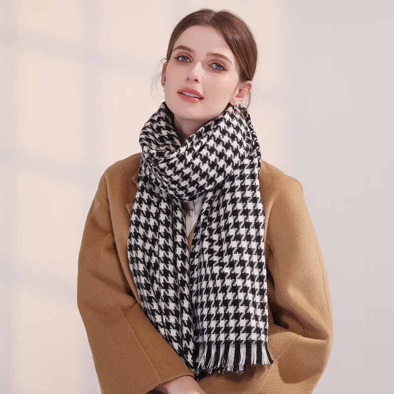 达芬奇密码围巾女春秋季学生欧美风保暖围脖情侣男女格子披肩 经典千鸟格 黑白