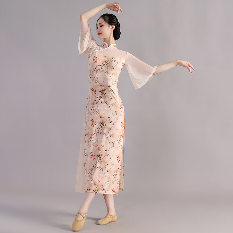 旗袍古典舞舞蹈服中国民族风舞蹈服弹力身韵 弹力冰丝印花旗袍 内搭裤