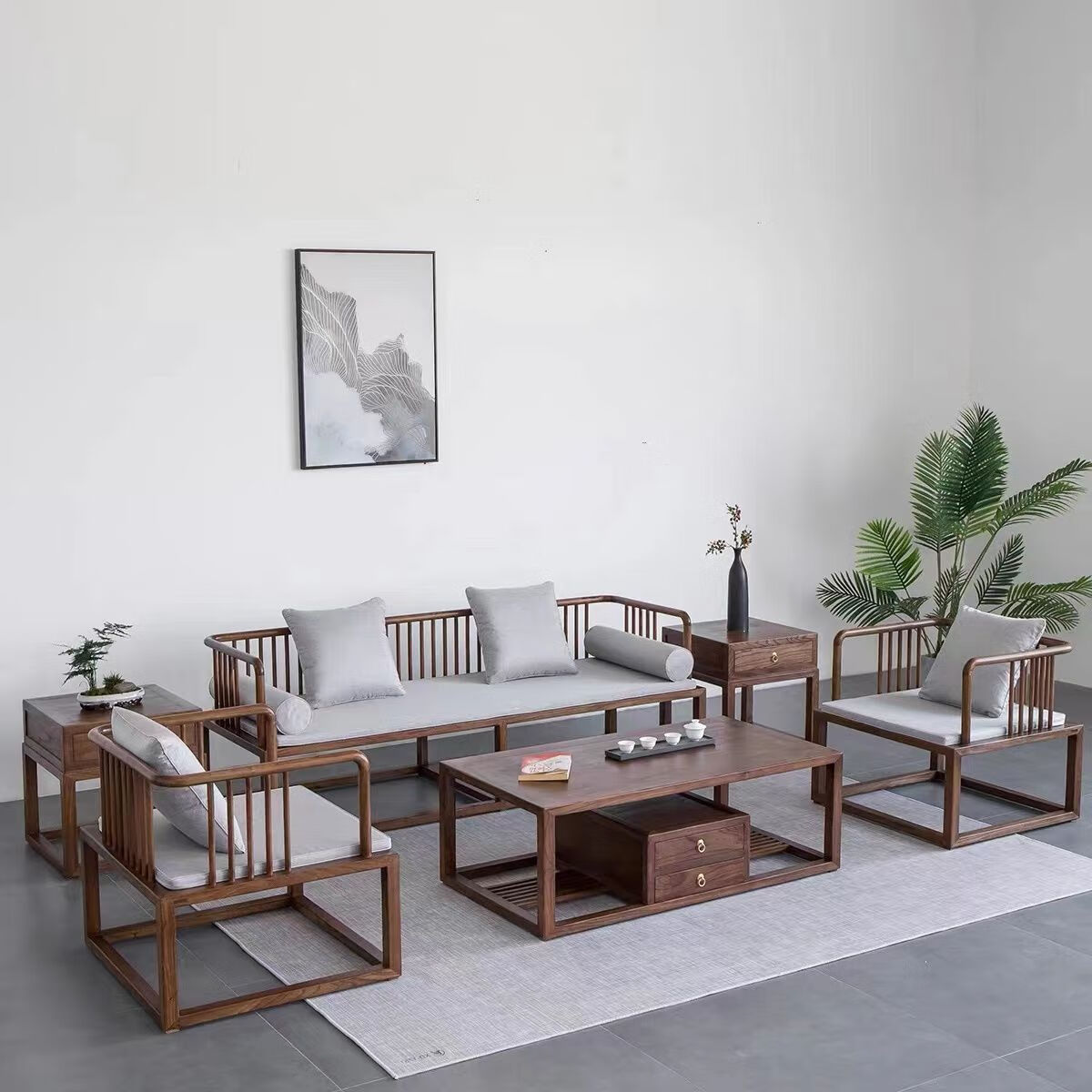 格原素2024新款新中式沙发组合老榆木禅意实木茶几现代别墅客厅 六件套胡桃色