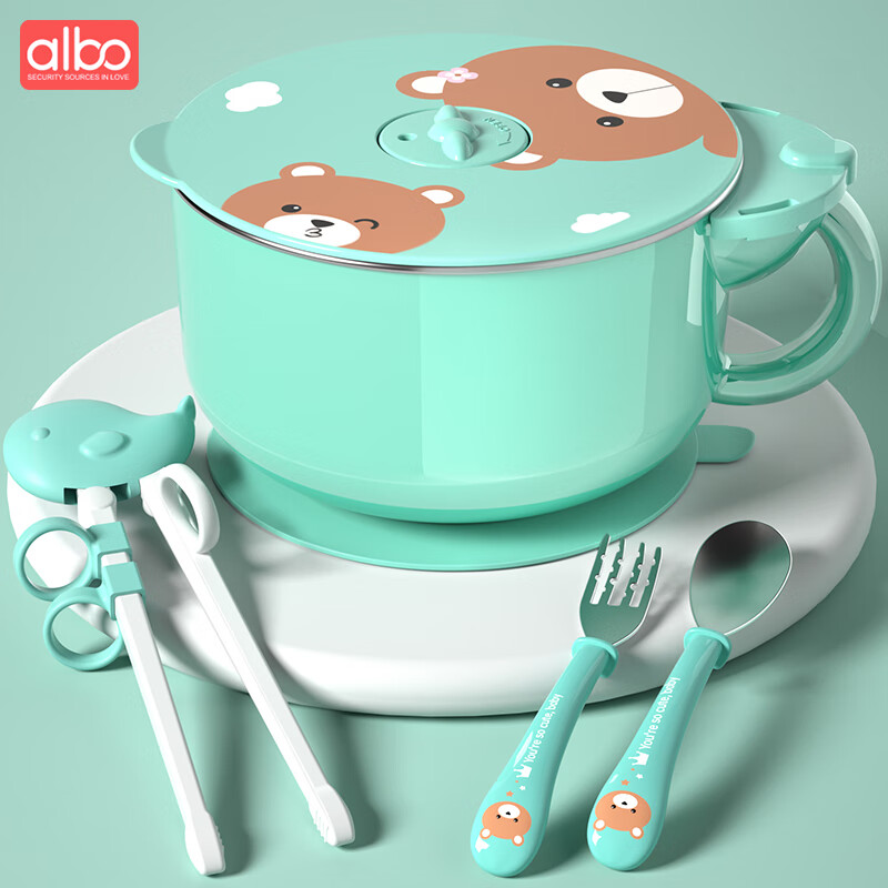 albo兒童碗防摔防燙嬰兒餐具套裝寶寶吃飯輔食碗注水保溫碗不銹鋼 雀湖綠【帶吸盤】+不銹鋼勺叉+訓(xùn)