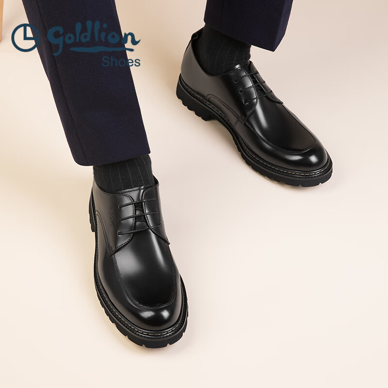 金利来（Goldlion）男鞋商务正装鞋春款男士皮鞋厚底德比鞋男西装鞋增高结婚鞋 黑色(四季款) 37