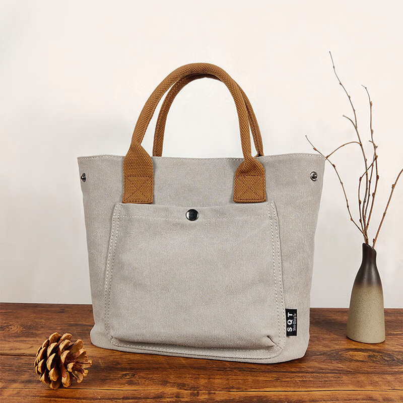 时尚帆布手提包日韩上班布包中年女式托特包布艺百搭妈咪小手拎包 浅