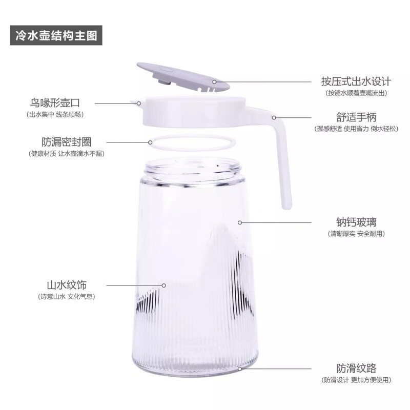 冷水壶凉水壶加厚玻璃水杯家用透明水壶大容量泡茶壶壶杯套装两用 山水壶*1只 1.3L