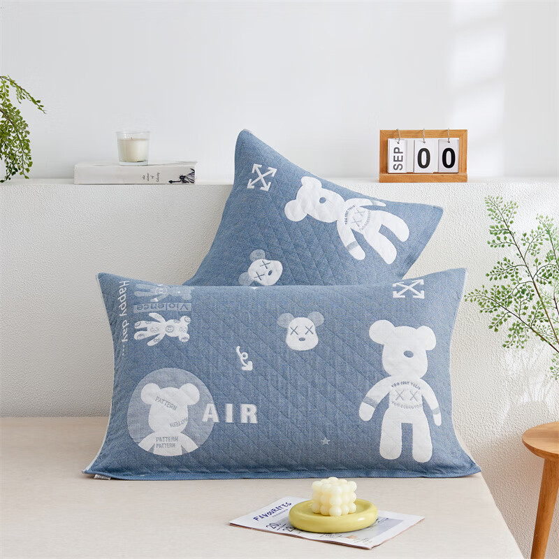 多兰诗（Duolanshi）原棉纱枕巾一对装 加大加厚卡通风简约吸汗透气柔软四季枕罩枕巾 暴力熊蓝 52cm*78cm 枕巾【一对装】