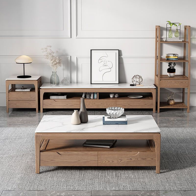 北欧实木岩板茶几电视柜组合简约现代小户型客厅储物桌白 胡桃色 1