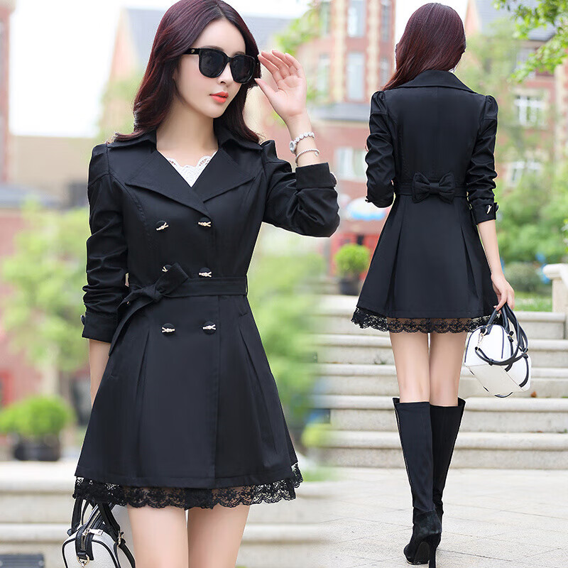 柒十念风衣女中长款韩版新款女装小个子淑女春秋外套 黑色 m