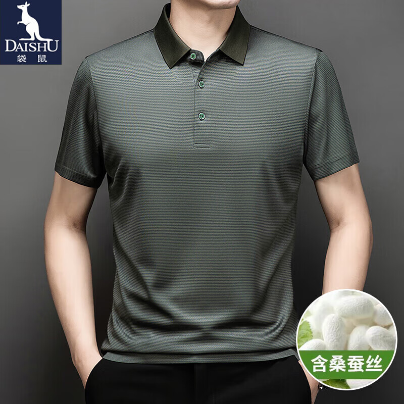 袋鼠（DAISHU）含桑蚕丝短袖T恤男翻领纯色透气POLO夏季男士商务休闲半袖体恤男 绿色 M/165