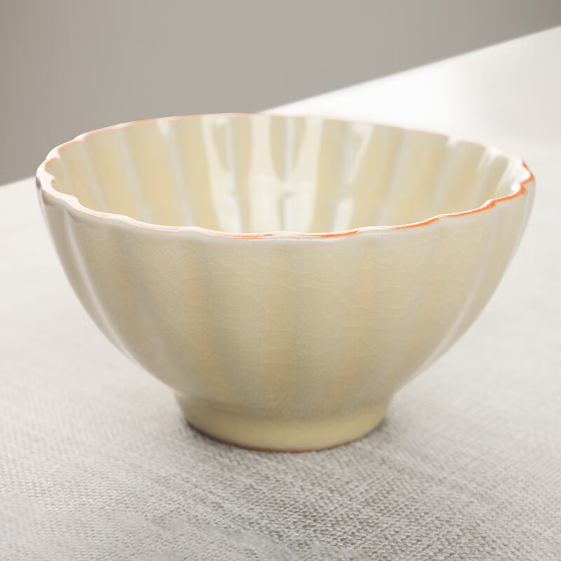 易信花瓣大号茶杯主人杯汝窑开片喝茶杯陶瓷杯单杯锦盒包装茶具配件 汝窑菊花杯-米黄