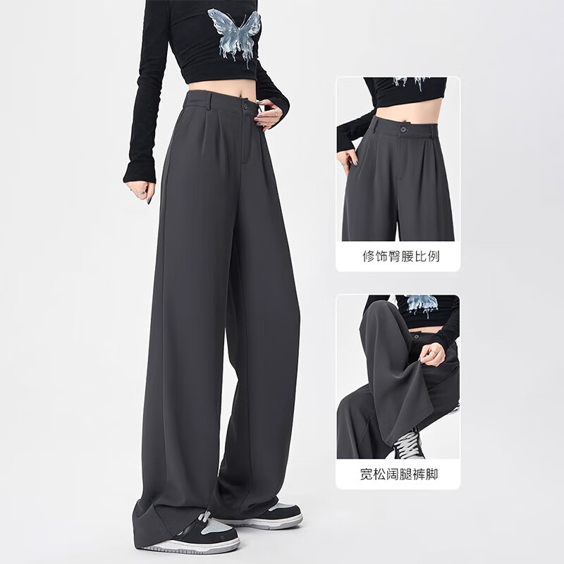 浪莎休闲西装裤女2025新款春夏气质通勤小个子直筒阔腿裤子高腰显瘦 灰色【单扣-小个子】 2XL 【推荐126-135斤】