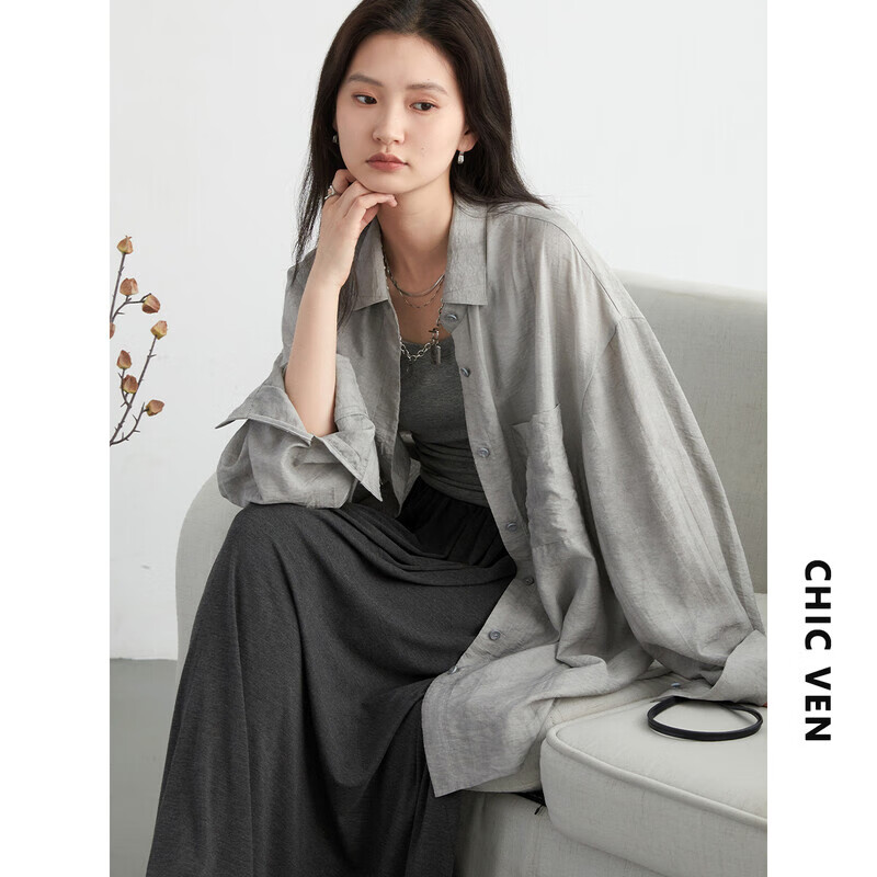 CHIC VEN 2025春夏季新款肌理感扎染翻领后开叉长袖衬衫防晒衬衣女chicven 灰色 L （60-70公斤）