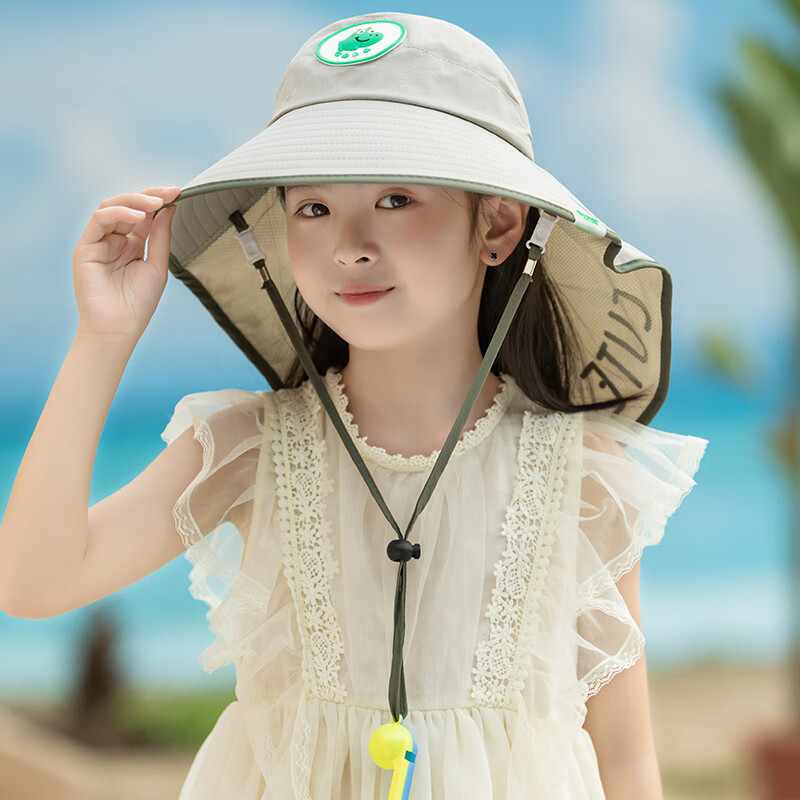 亨凯利儿童防晒帽防紫外线宝宝太阳帽男童女童夏沙滩帽子大帽檐恐龙绿