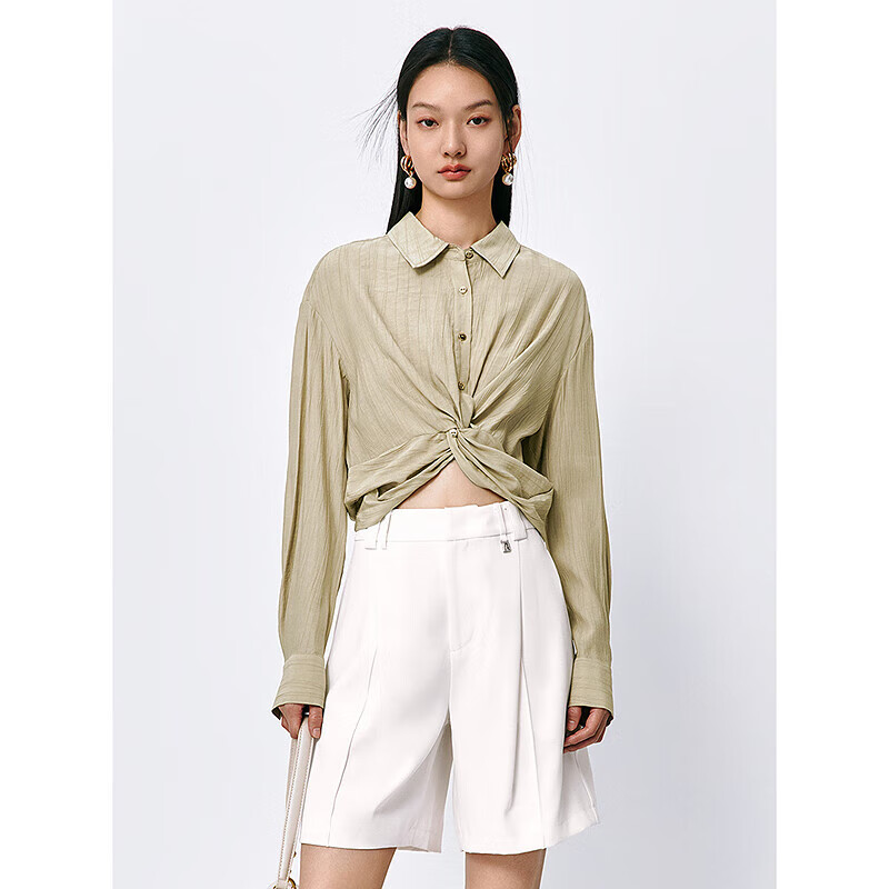 太平鸟女装夏季扭结气质衬衫女士高腰肌理感上衣田园风 卡其 S