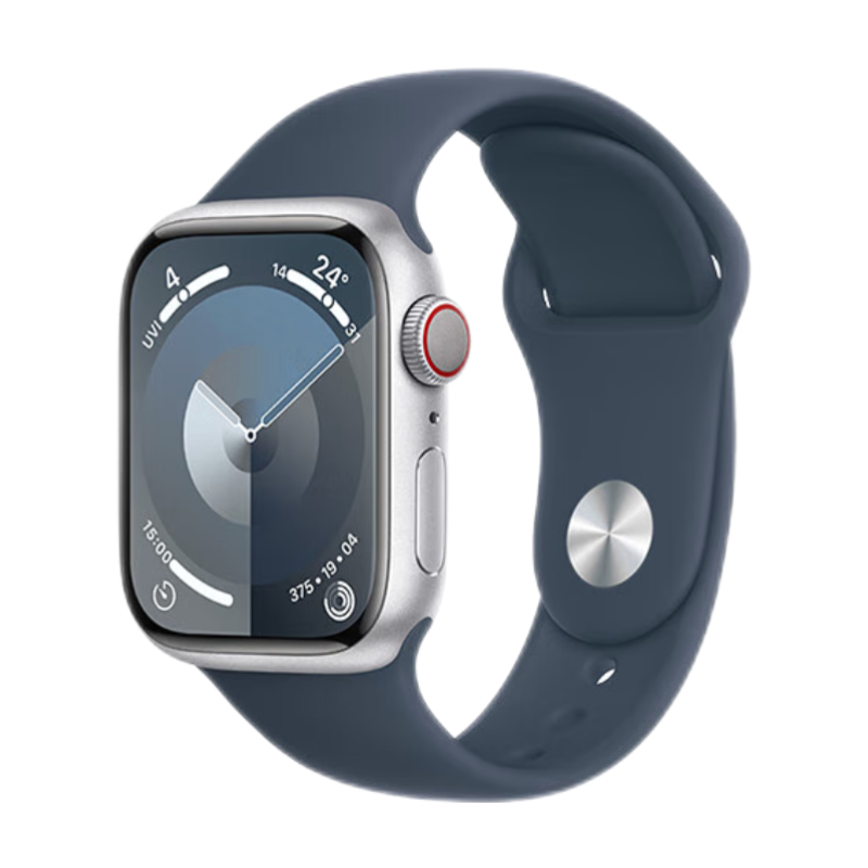 Apple/苹果 Watch Series 9 智能手表GPS+蜂窝款41毫米银色铝金属表壳风暴蓝色运动型表带M/L MRJM3CH/A