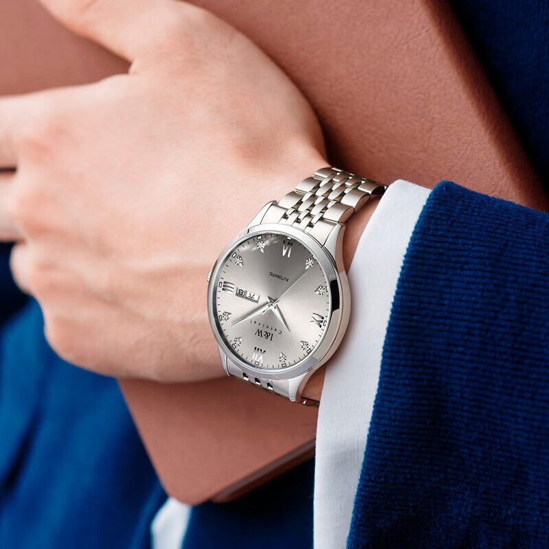 爱沃驰瑞士品牌十大名表手表男士全自动机械表防水夜光双日历男式腕表 本灰钢带【进口机芯】免费刻字