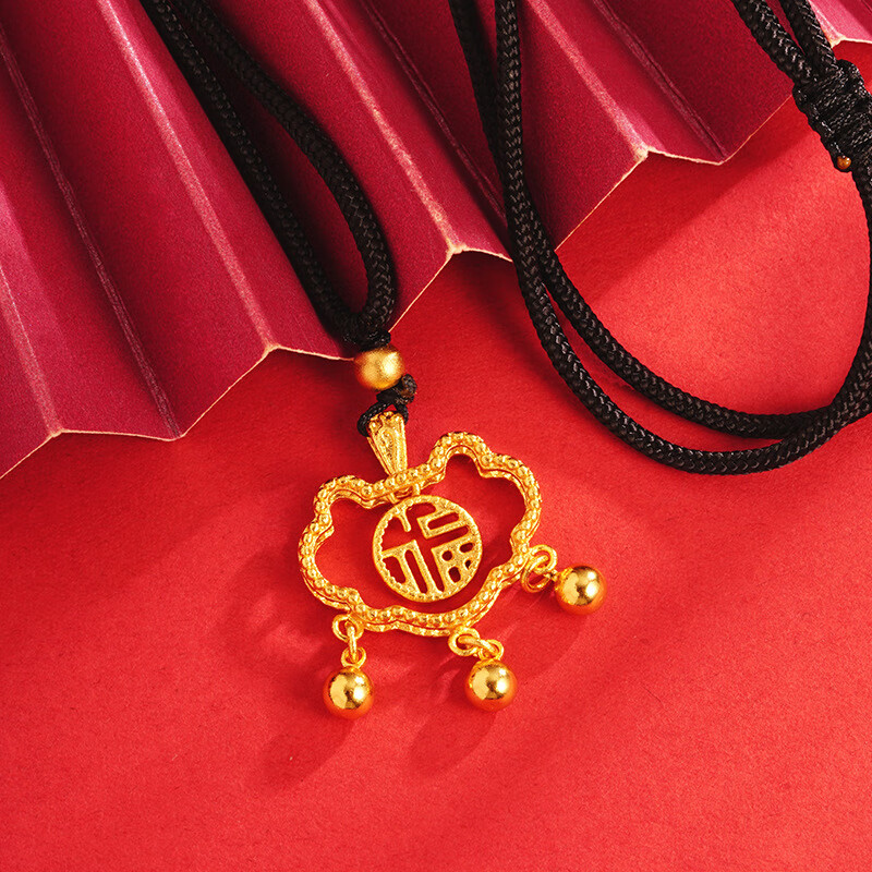欧阳先生镂空福字如意锁项链铃铛流苏手工编织绳链调节 x2348 福字锁