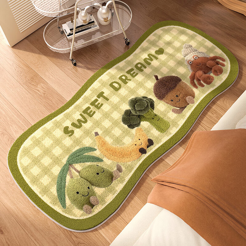 KAYE儿童房间床边毯女孩卧室地毯卡通仿羊绒加厚脚垫客厅床下床前垫子 FYR-绿格纹玩偶 50x140cm