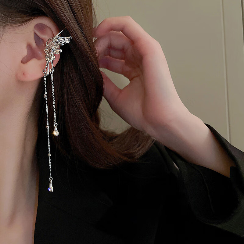 qp超仙精灵蝴蝶耳夹女无耳洞2024年新款潮轻奢小众流苏耳挂耳饰 左耳