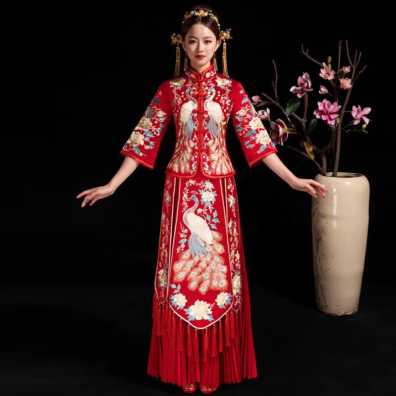 烏拓秀禾服中式結(jié)孕婦婚禮服夏裝新款大碼新娘顯瘦女200斤胖mm:婚紗婚 百褶紅孔雀 S:胸圍84體重90