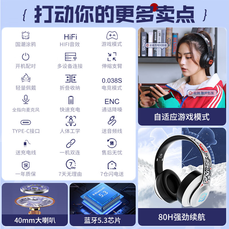 奇联BH10蓝牙耳机头戴式无线重低音降噪电竞吃鸡游戏耳麦适用于苹果安卓手机台式笔记本电脑男女生 旗舰白-38ms游戏低延迟-80H续航