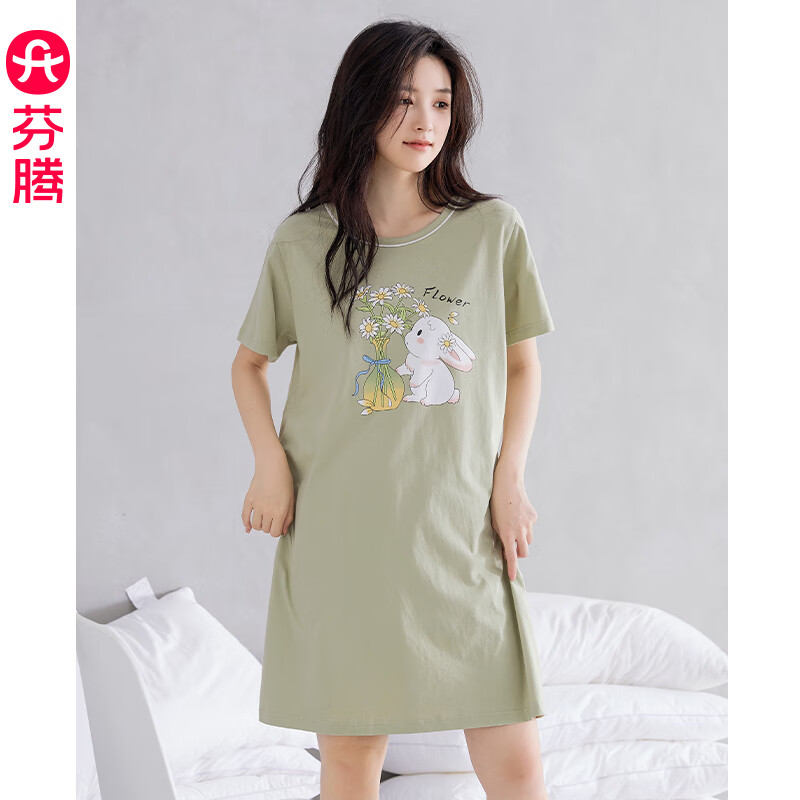 芬腾睡裙女夏季新款纯棉中长裙甜美可爱短袖薄款全棉大码睡衣裙 X98423765草绿 3XL 建议:160-175斤