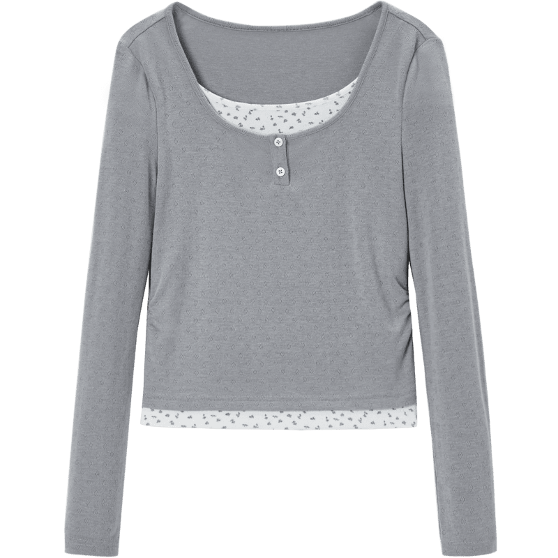 樂(lè )町韓系清甜拼接假兩件正肩長(cháng)袖T恤女秋季新款修身顯瘦打底衫 灰色(現貨) S