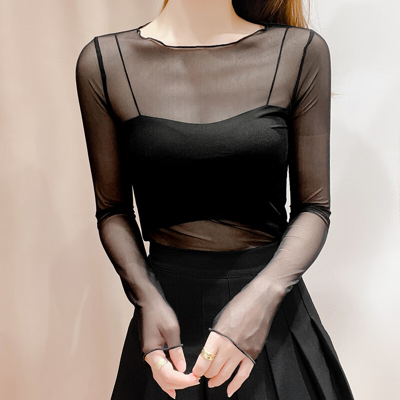 街纱衣打底衫女春秋季蕾丝内搭透明t网纱上衣长袖皮肤衣透明春 黑色 l