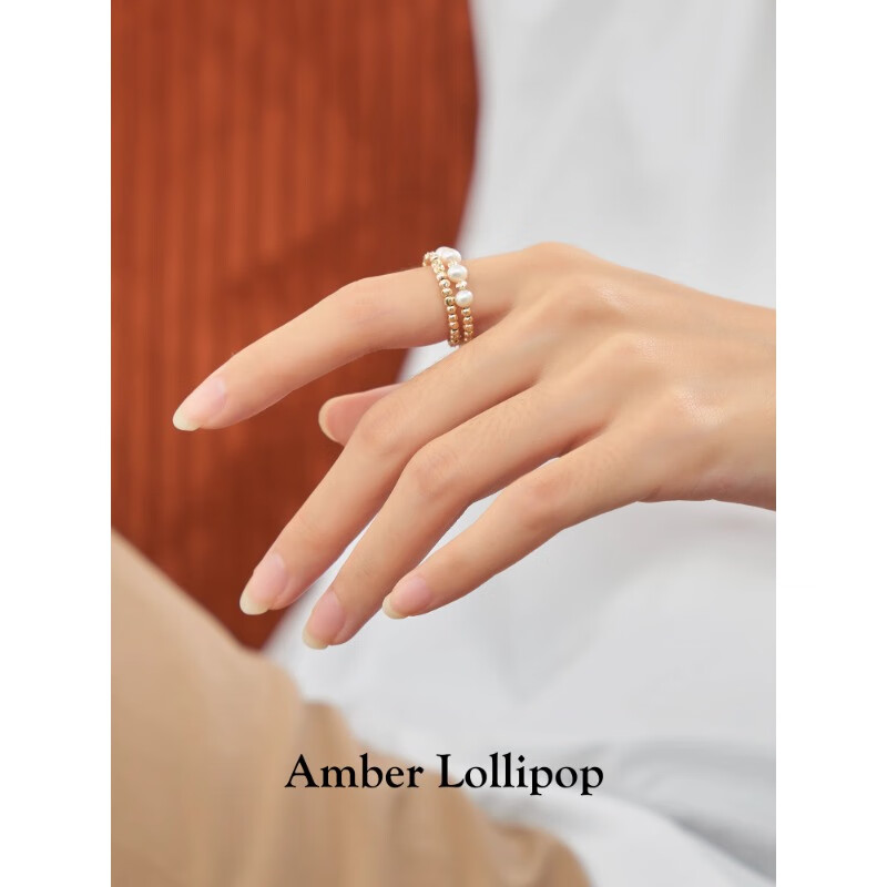 安铂洛利（Amber Lollipop）【明星同款】珍珠戒指女食指戒镀14k金尾戒生日情人节礼物送女友 金色（淡水珍珠+镀14k金）