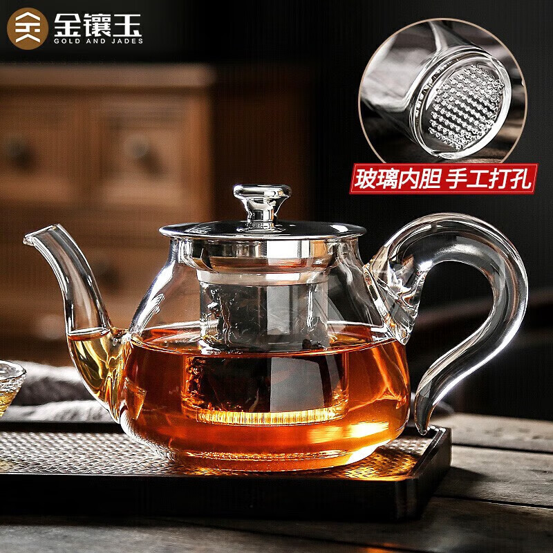 金鑲玉玻璃茶壺泡茶壺花茶壺涼水壺耐熱防爆過濾內膽帶蓋雨潤壺600ml6 0ml6